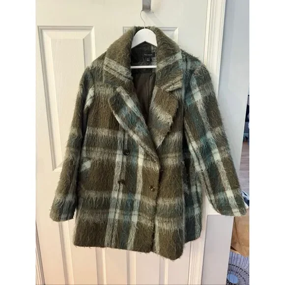 Halogen Nordstrom Green Shaggy Plaid Fuzzy Coat sz XXL - Picture 2 of 8